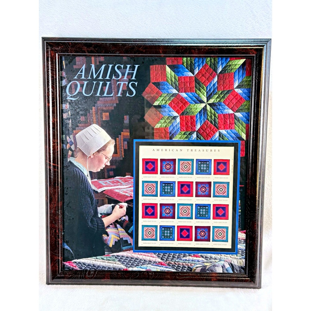 Vintage Framed 2001 USPS American Treasures Amish Quilts Stamps 19x15" Folk Art